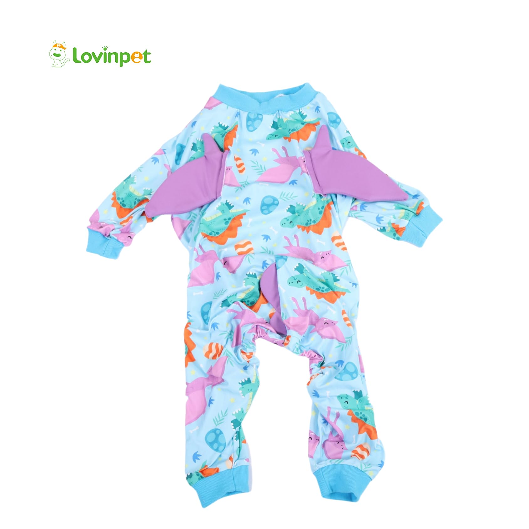 LovinPet Large Dog Pajamas, Four-Leg Stretch Onesie Bodysuit, Lightweight UV-Shielding Pajamas, Anti-Lick Calming Recovery Suit for Surgery, 3D Dino Wing Design with Soft Spikes， Blue Purple， M