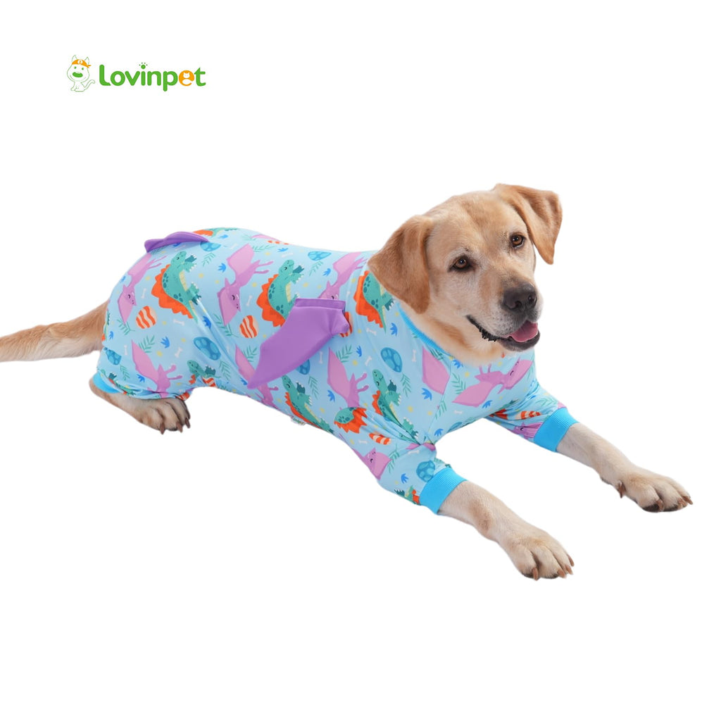 LovinPet Large Dog Pajamas, Four-Leg Stretch Onesie Bodysuit, Lightweight UV-Shielding Pajamas, Anti-Lick Calming Recovery Suit for Surgery, 3D Dino Wing Design with Soft Spikes， Blue Purple， M