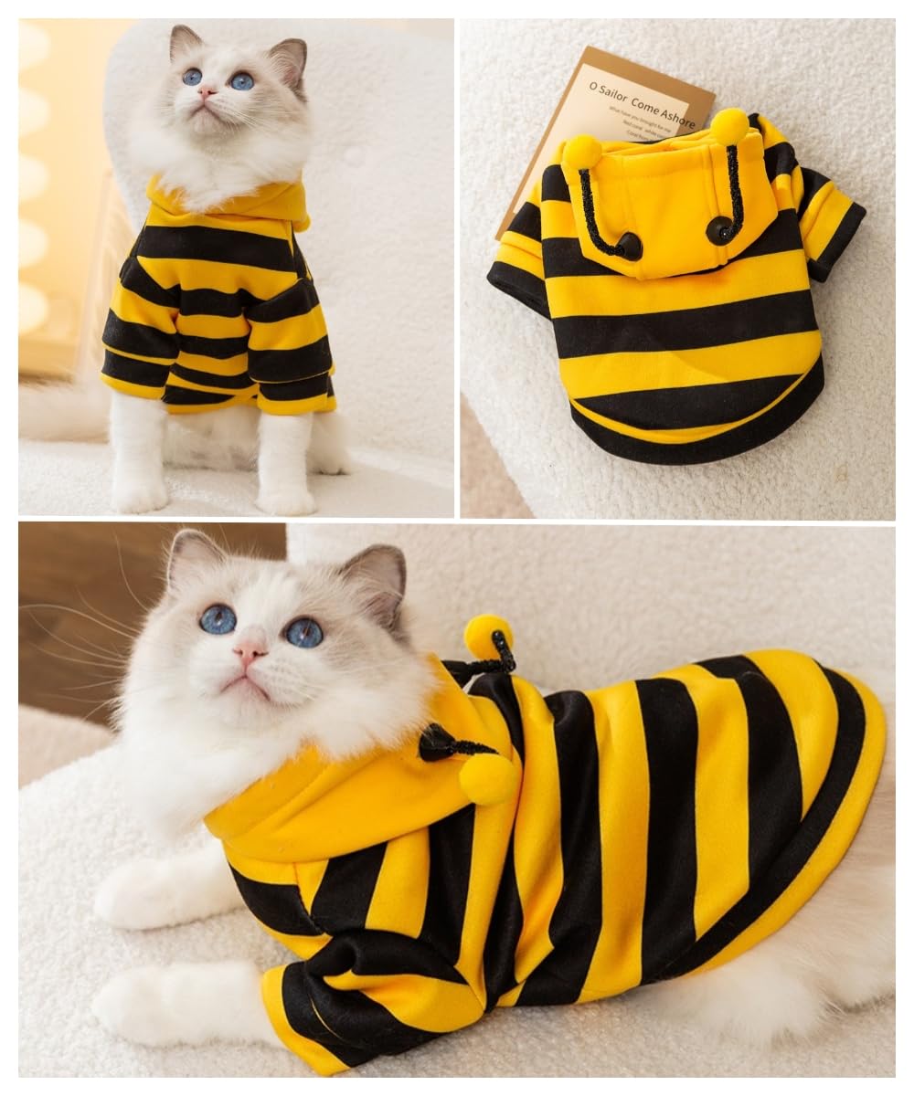 Cat Bee Antennae Costume Hoodies Cute Bee Stripes Dog Kitten Puppy Pet Apparel (Medium,Yellow&Black)