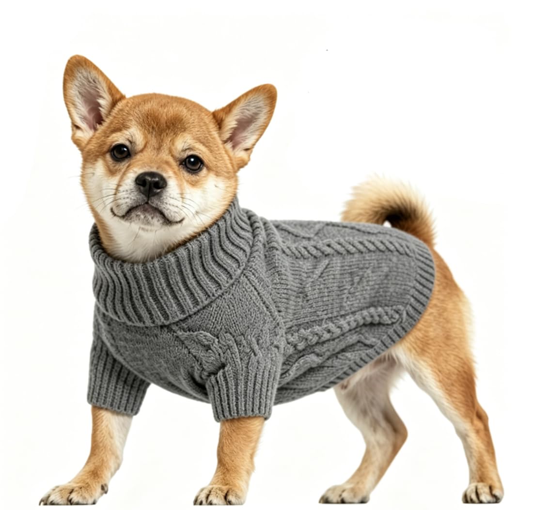 Cable Knit Turtleneck Dog Sweater, Soft Warm Pullover Pet Clothes for Small Medium Dogs, Fall Winter Dog Apparel with Multiple Colors (XS-XXL) (Grey, Medium)