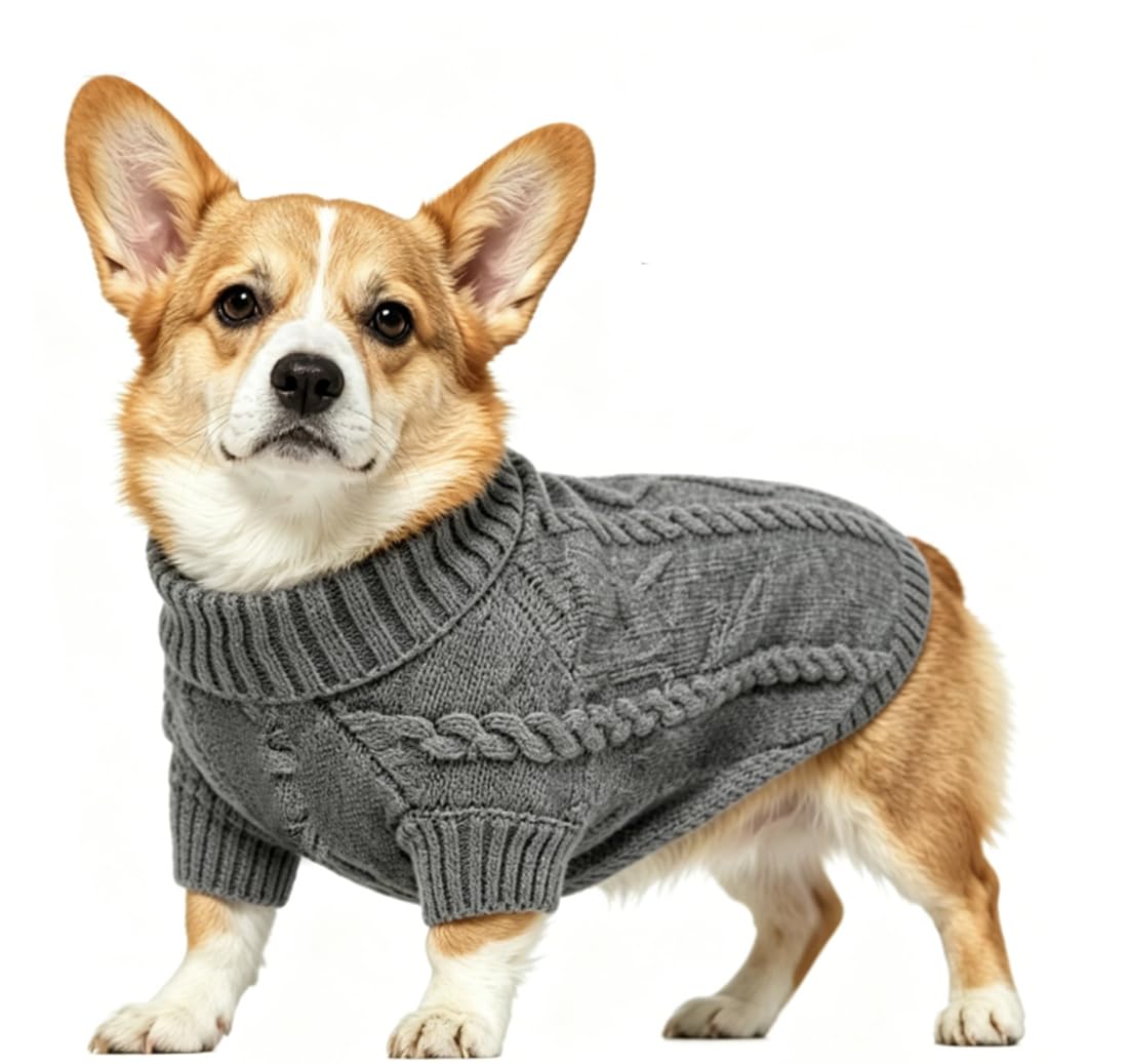 Cable Knit Turtleneck Dog Sweater, Soft Warm Pullover Pet Clothes for Small Medium Dogs, Fall Winter Dog Apparel with Multiple Colors (XS-XXL) (Grey, Medium)