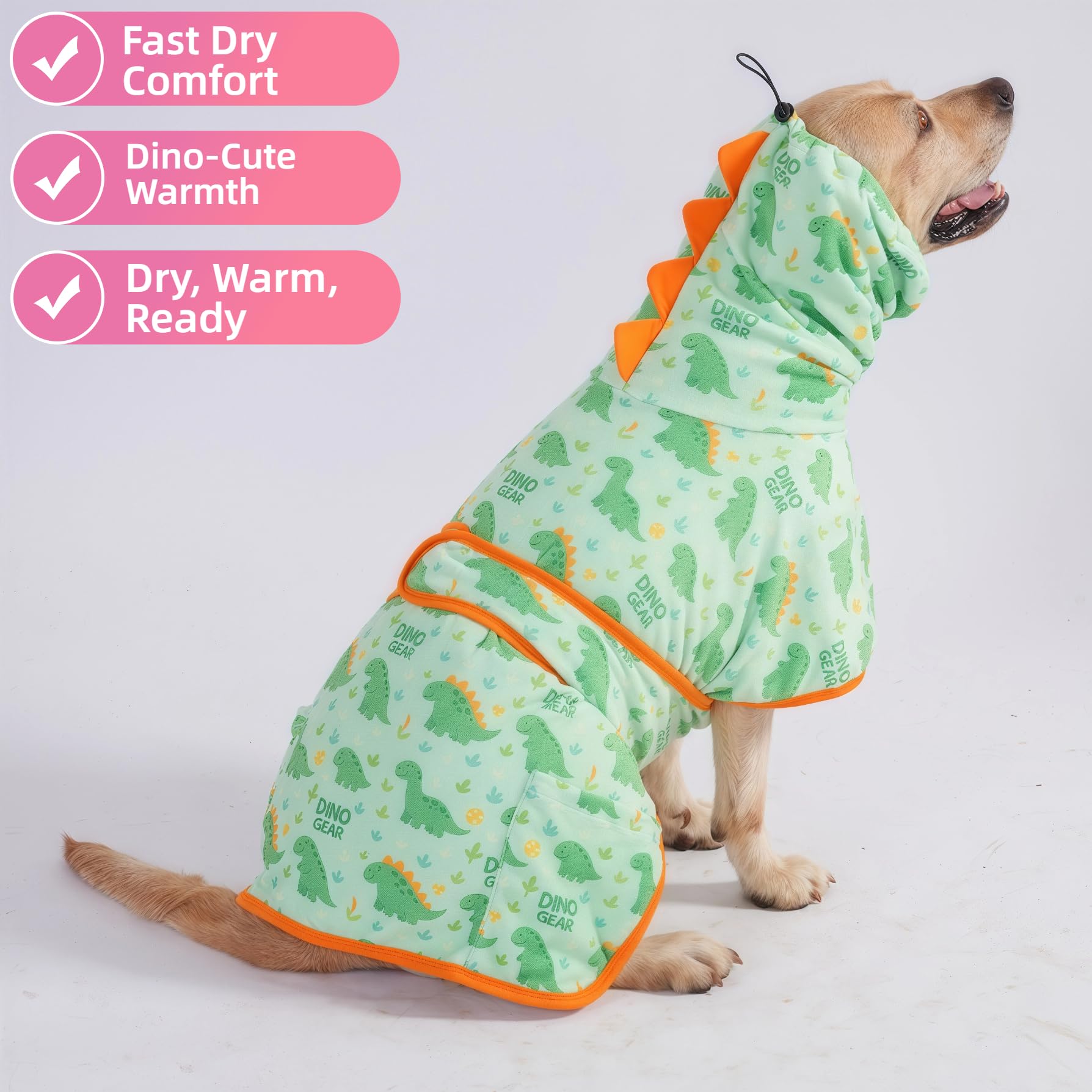 LovinPet 3‑in‑1 Dog Warm Winter Coat & Bathrobe, Hooded Dinosaur Fleece, Lightweight High‑Loft, Absorbent Knit, Quiet Hook‑and‑Loop, Wind‑Blocking Edges, Dog Robes for Medium & Large Dogs, Green,XL