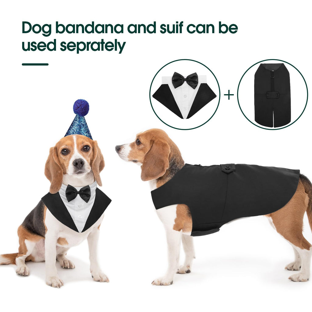 Kuoser Dog Tuxedo Dog Suit and Bandana Set, Dogs Tuxedo Wedding Party Suit, Doggy Prince Bow Tie Shirt Formal Pet Wedding Attire for Small Medium and Large Dogs Golden Retriever Samo Bulldogs