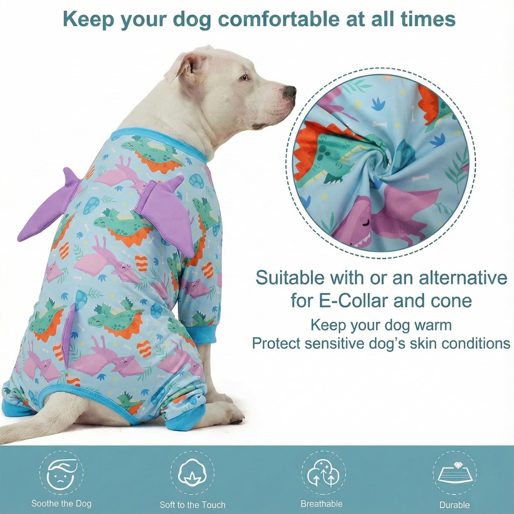 LovinPet Large Dog Pajamas, Four-Leg Stretch Onesie Bodysuit, Lightweight UV-Shielding Pajamas, Anti-Lick Calming Recovery Suit for Surgery, 3D Dino Wing Design with Soft Spikes， Blue Purple， M