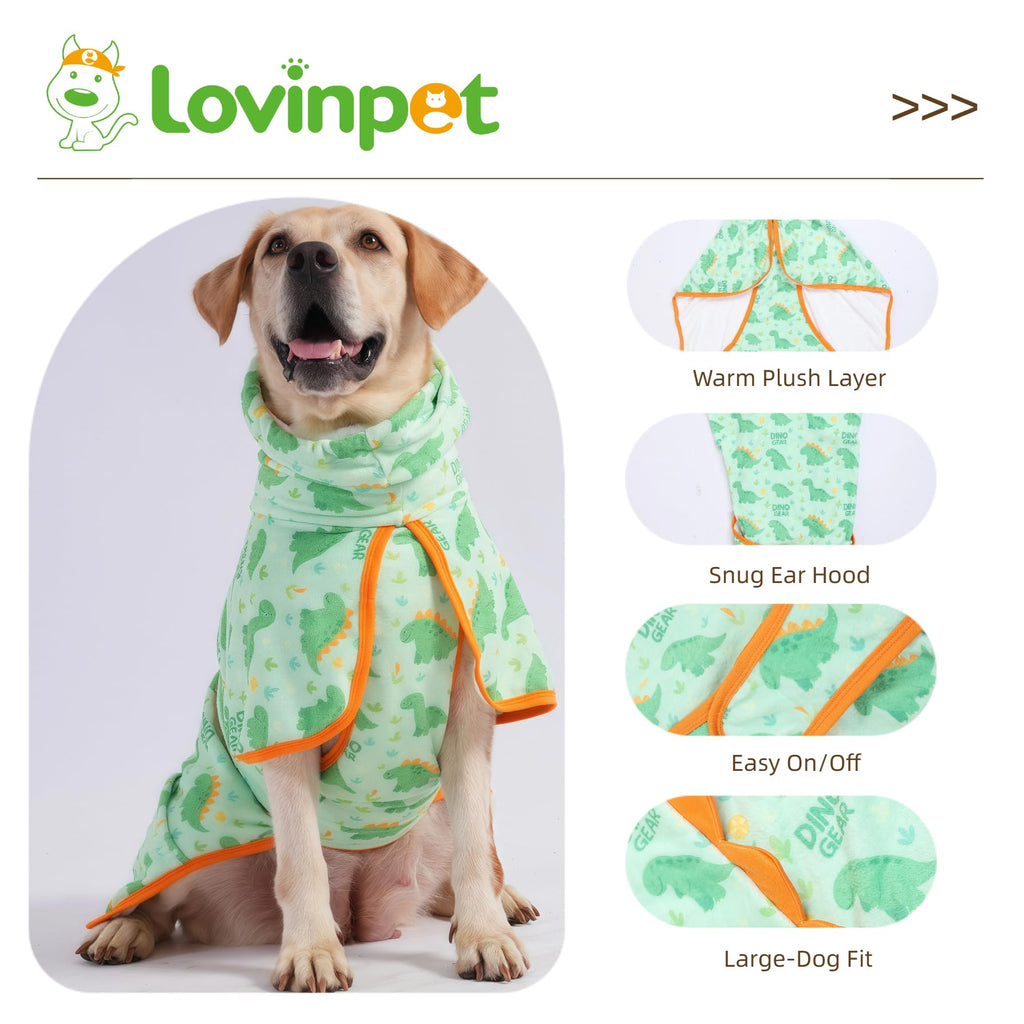 LovinPet 3‑in‑1 Dog Warm Winter Coat & Bathrobe, Hooded Dinosaur Fleece, Lightweight High‑Loft, Absorbent Knit, Quiet Hook‑and‑Loop, Wind‑Blocking Edges, Dog Robes for Medium & Large Dogs, Green,XL