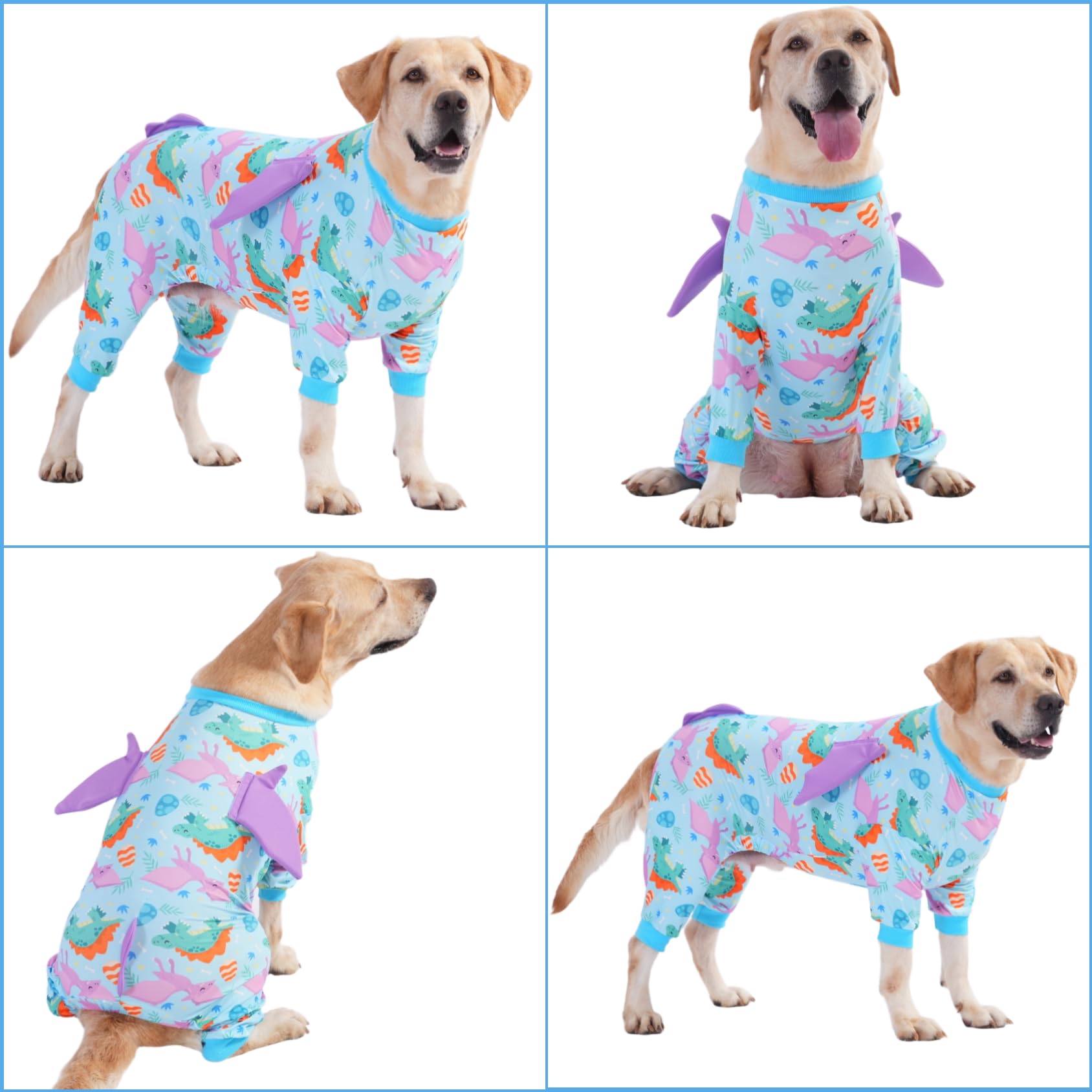 LovinPet Large Dog Pajamas, Four-Leg Stretch Onesie Bodysuit, Lightweight UV-Shielding Pajamas, Anti-Lick Calming Recovery Suit for Surgery, 3D Dino Wing Design with Soft Spikes， Blue Purple， M