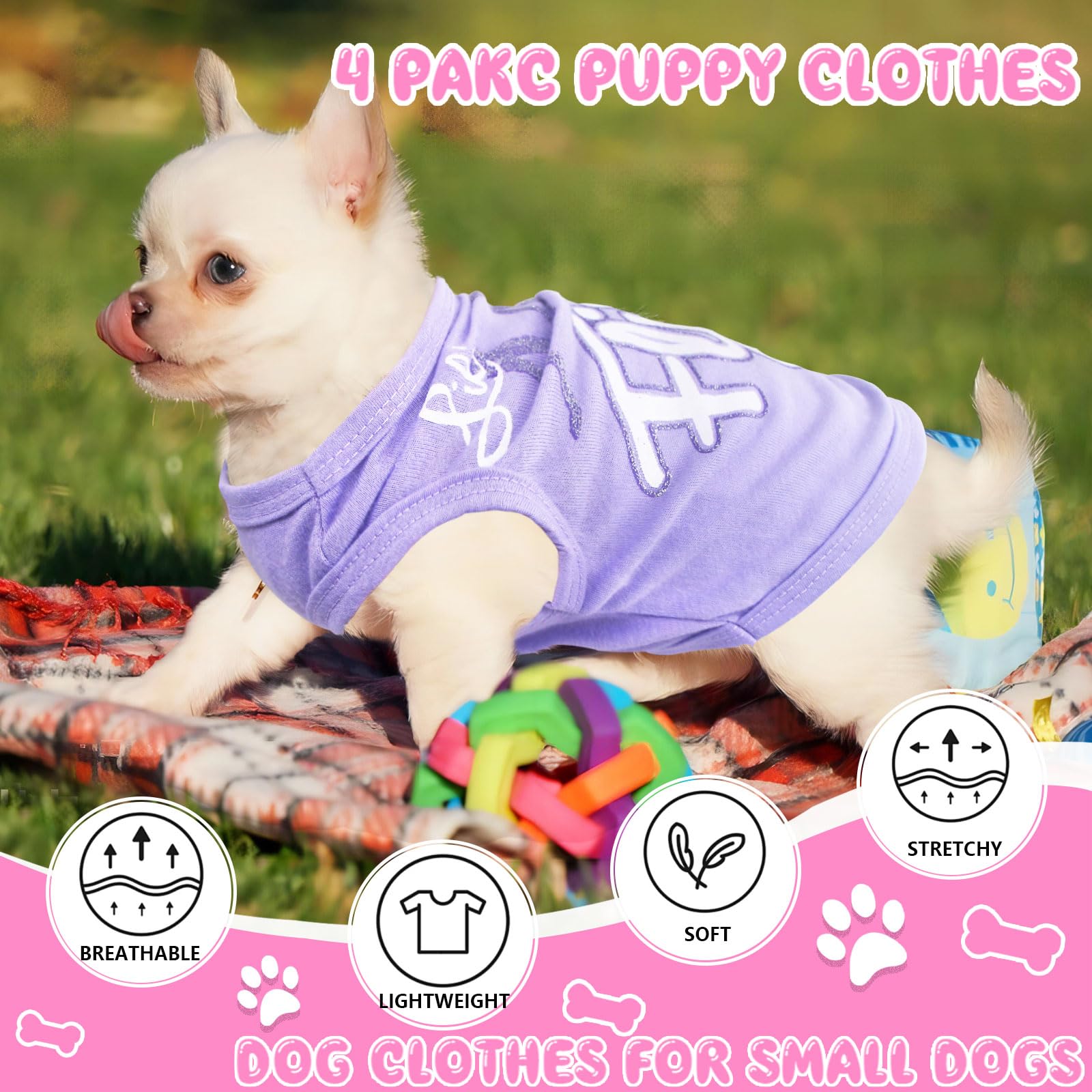 4 Pieces Dog Clothes for Small Dogs Girl Soft Puppy Shirt Cute Chihuahua Teacup Dog Clothes Female Dog Shirts Breathable Pet Clothing Pink Girl Doggie Clothes (XX-Small)