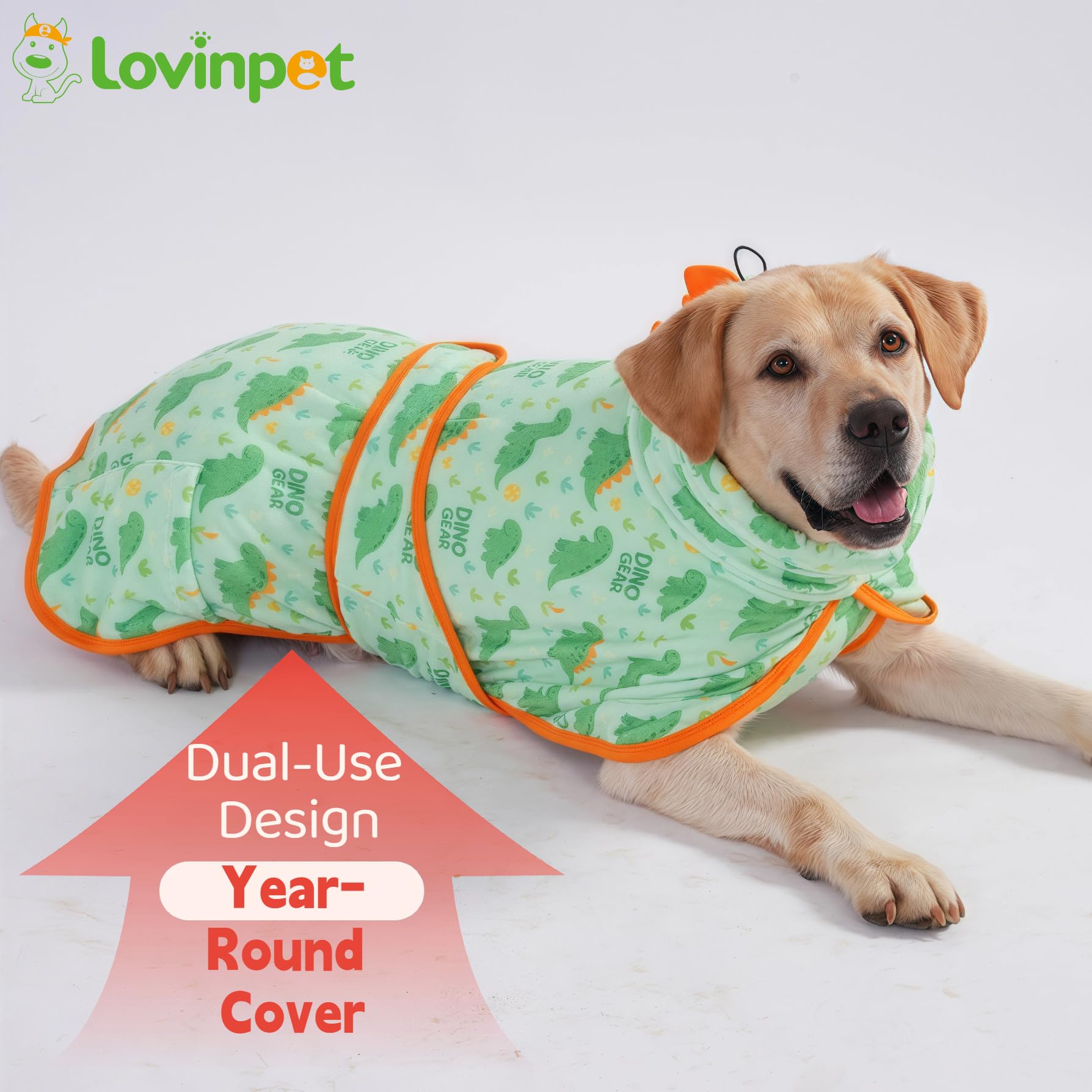LovinPet 3‑in‑1 Dog Warm Winter Coat & Bathrobe, Hooded Dinosaur Fleece, Lightweight High‑Loft, Absorbent Knit, Quiet Hook‑and‑Loop, Wind‑Blocking Edges, Dog Robes for Medium & Large Dogs, Green,XL