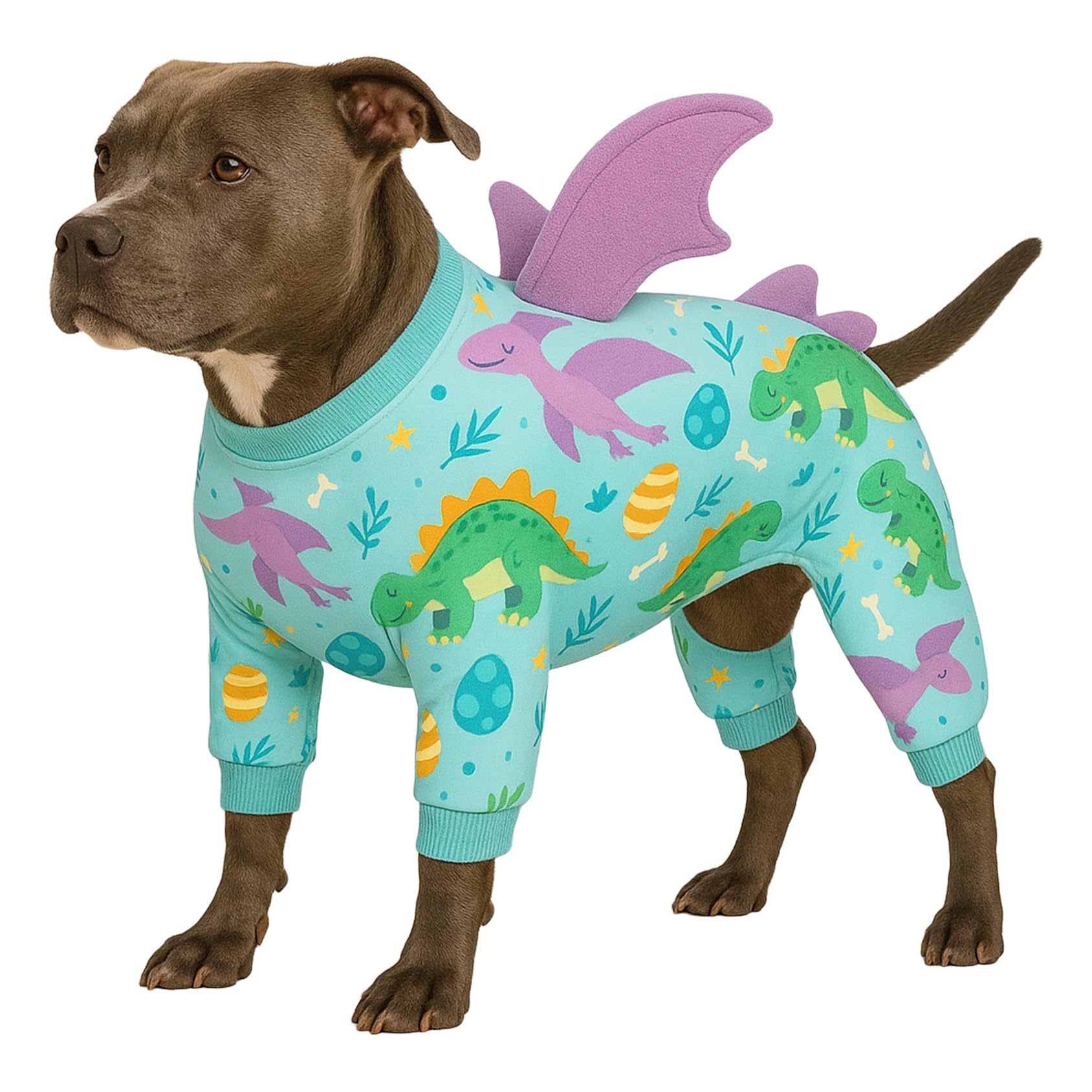 LovinPet Large Dog Pajamas, Four-Leg Stretch Onesie Bodysuit, Lightweight UV-Shielding Pajamas, Anti-Lick Calming Recovery Suit for Surgery, 3D Dino Wing Design with Soft Spikes， Blue Purple， M