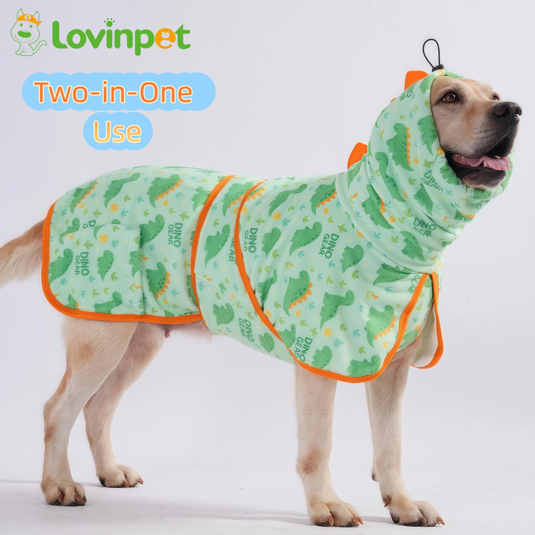 LovinPet 3‑in‑1 Dog Warm Winter Coat & Bathrobe, Hooded Dinosaur Fleece, Lightweight High‑Loft, Absorbent Knit, Quiet Hook‑and‑Loop, Wind‑Blocking Edges, Dog Robes for Medium & Large Dogs, Green,XL