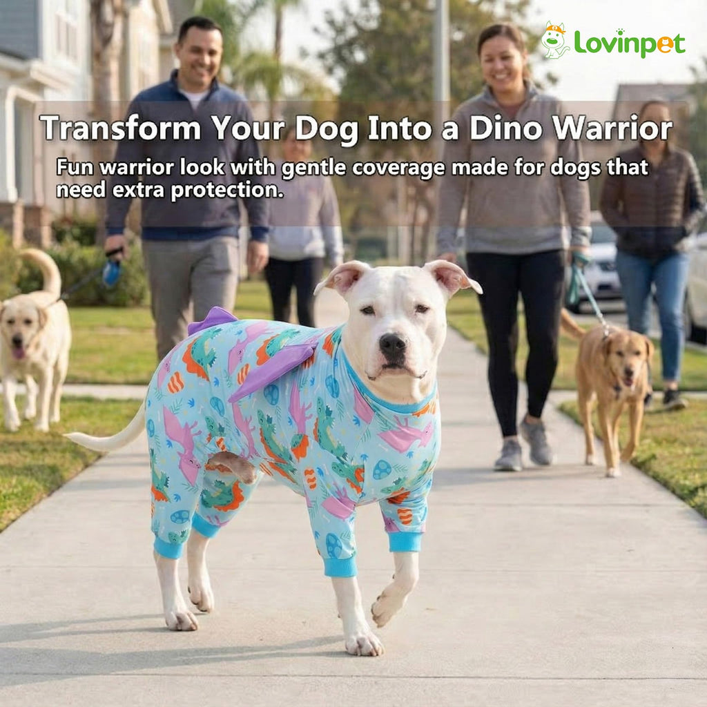 LovinPet Large Dog Pajamas, Four-Leg Stretch Onesie Bodysuit, Lightweight UV-Shielding Pajamas, Anti-Lick Calming Recovery Suit for Surgery, 3D Dino Wing Design with Soft Spikes， Blue Purple， M