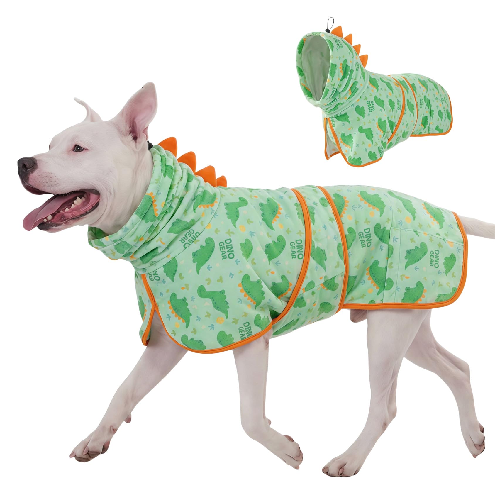 LovinPet 3‑in‑1 Dog Warm Winter Coat & Bathrobe, Hooded Dinosaur Fleece, Lightweight High‑Loft, Absorbent Knit, Quiet Hook‑and‑Loop, Wind‑Blocking Edges, Dog Robes for Medium & Large Dogs, Green,XL