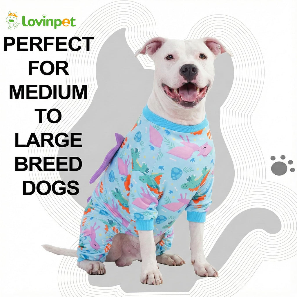 LovinPet Large Dog Pajamas, Four-Leg Stretch Onesie Bodysuit, Lightweight UV-Shielding Pajamas, Anti-Lick Calming Recovery Suit for Surgery, 3D Dino Wing Design with Soft Spikes， Blue Purple， M