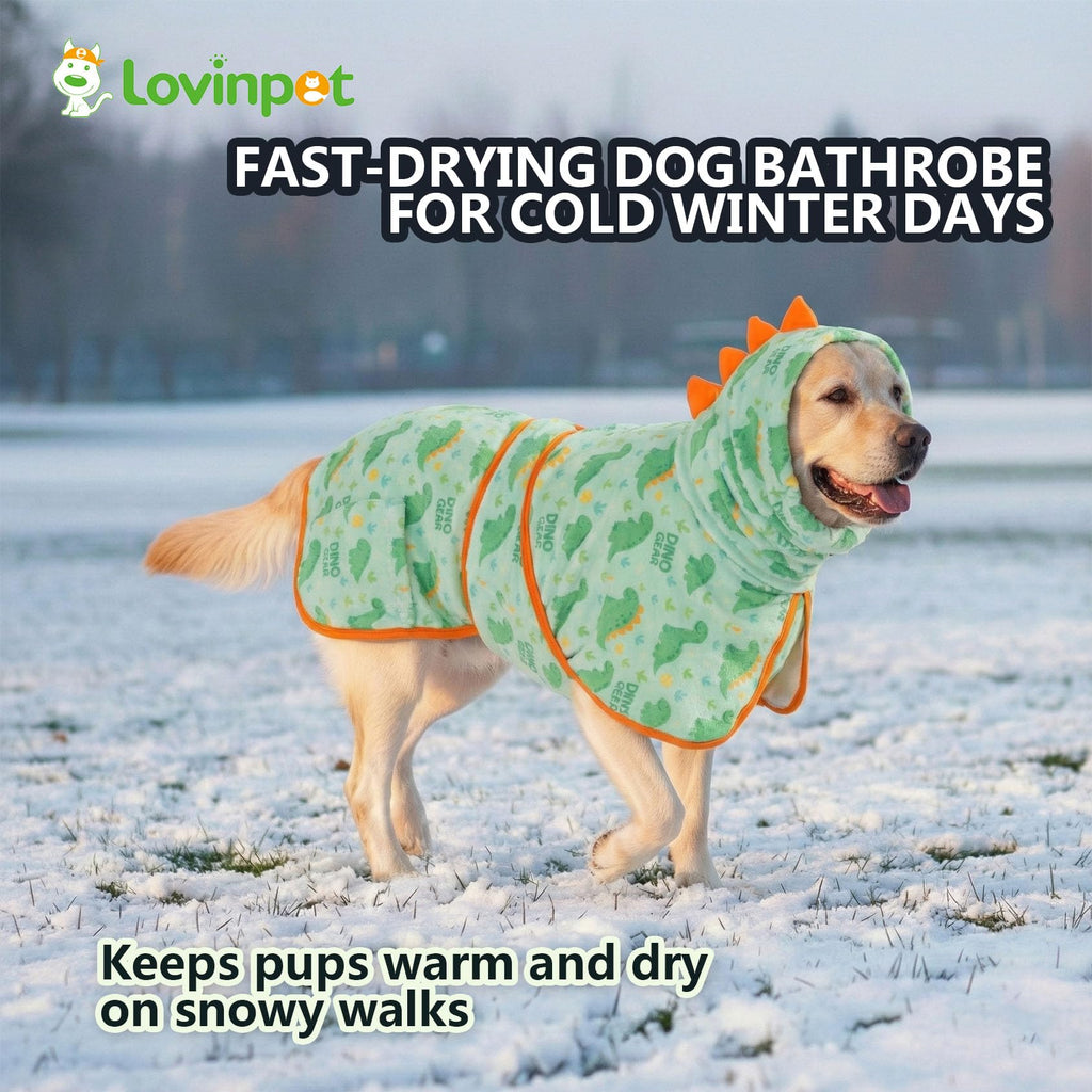LovinPet 3‑in‑1 Dog Warm Winter Coat & Bathrobe, Hooded Dinosaur Fleece, Lightweight High‑Loft, Absorbent Knit, Quiet Hook‑and‑Loop, Wind‑Blocking Edges, Dog Robes for Medium & Large Dogs, Green,XL