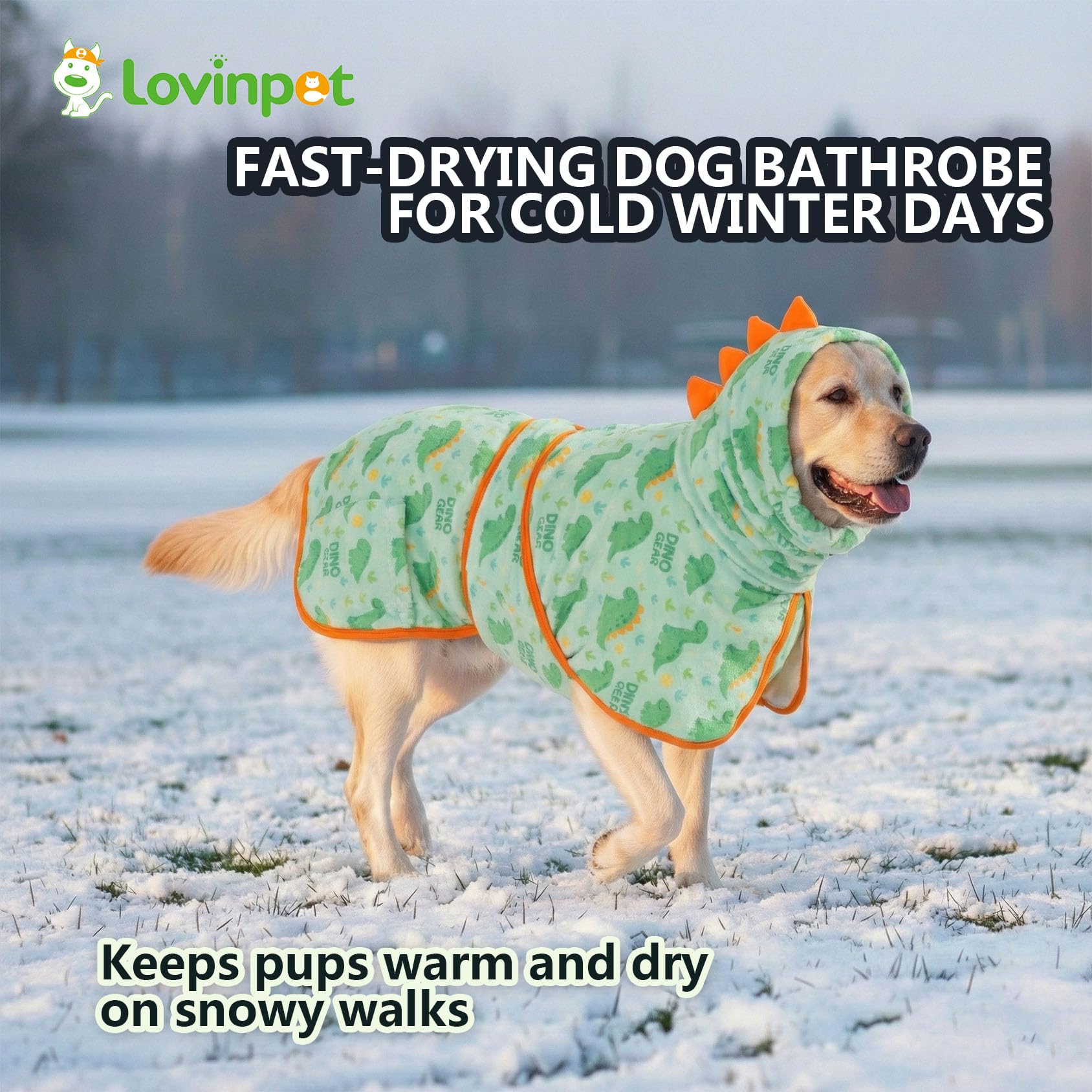 LovinPet 3‑in‑1 Dog Warm Winter Coat & Bathrobe, Hooded Dinosaur Fleece, Lightweight High‑Loft, Absorbent Knit, Quiet Hook‑and‑Loop, Wind‑Blocking Edges, Dog Robes for Medium & Large Dogs, Green,XL