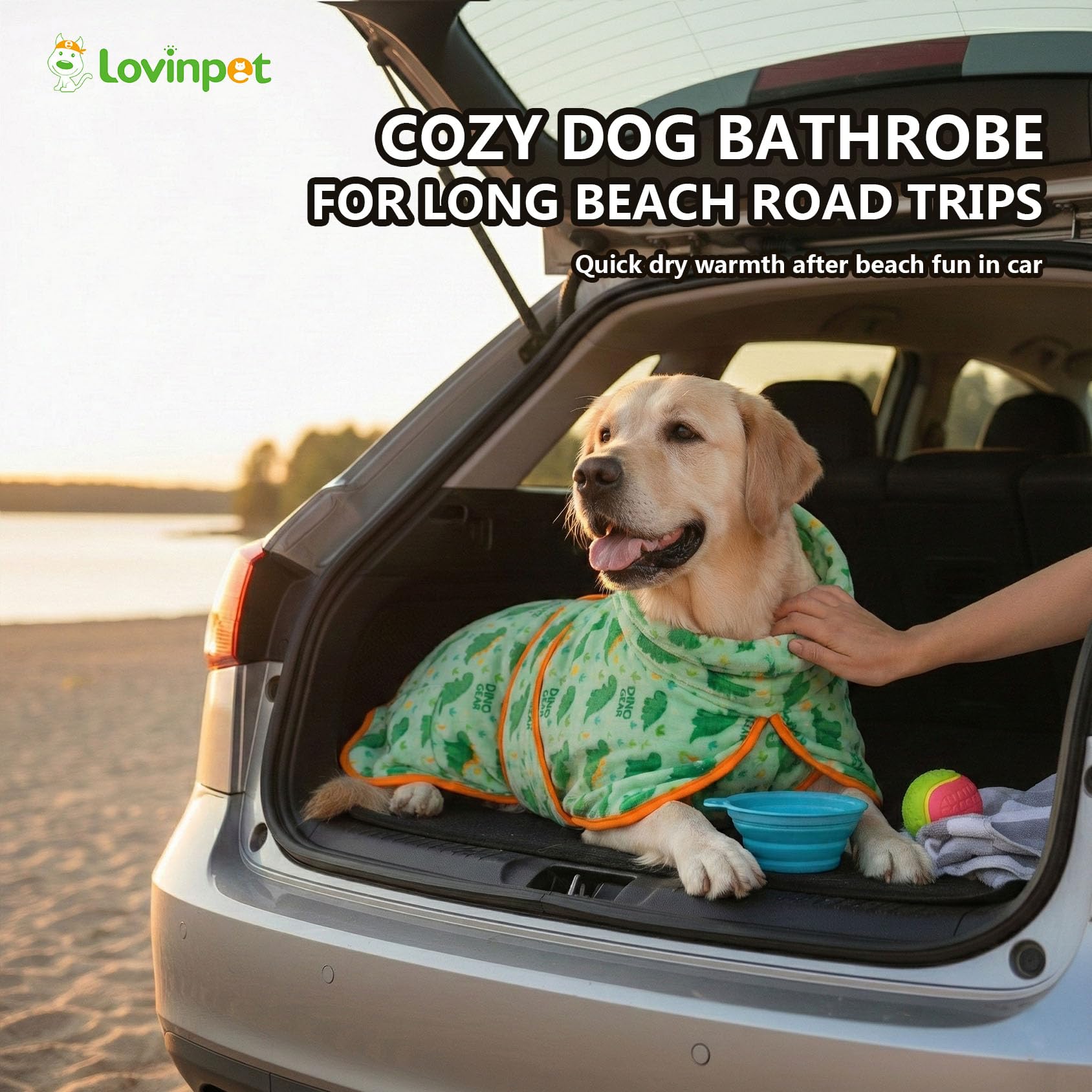 LovinPet 3‑in‑1 Dog Warm Winter Coat & Bathrobe, Hooded Dinosaur Fleece, Lightweight High‑Loft, Absorbent Knit, Quiet Hook‑and‑Loop, Wind‑Blocking Edges, Dog Robes for Medium & Large Dogs, Green,XL