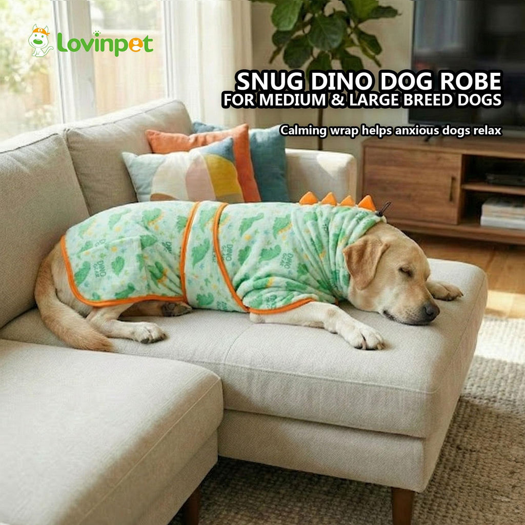 LovinPet 3‑in‑1 Dog Warm Winter Coat & Bathrobe, Hooded Dinosaur Fleece, Lightweight High‑Loft, Absorbent Knit, Quiet Hook‑and‑Loop, Wind‑Blocking Edges, Dog Robes for Medium & Large Dogs, Green,XL