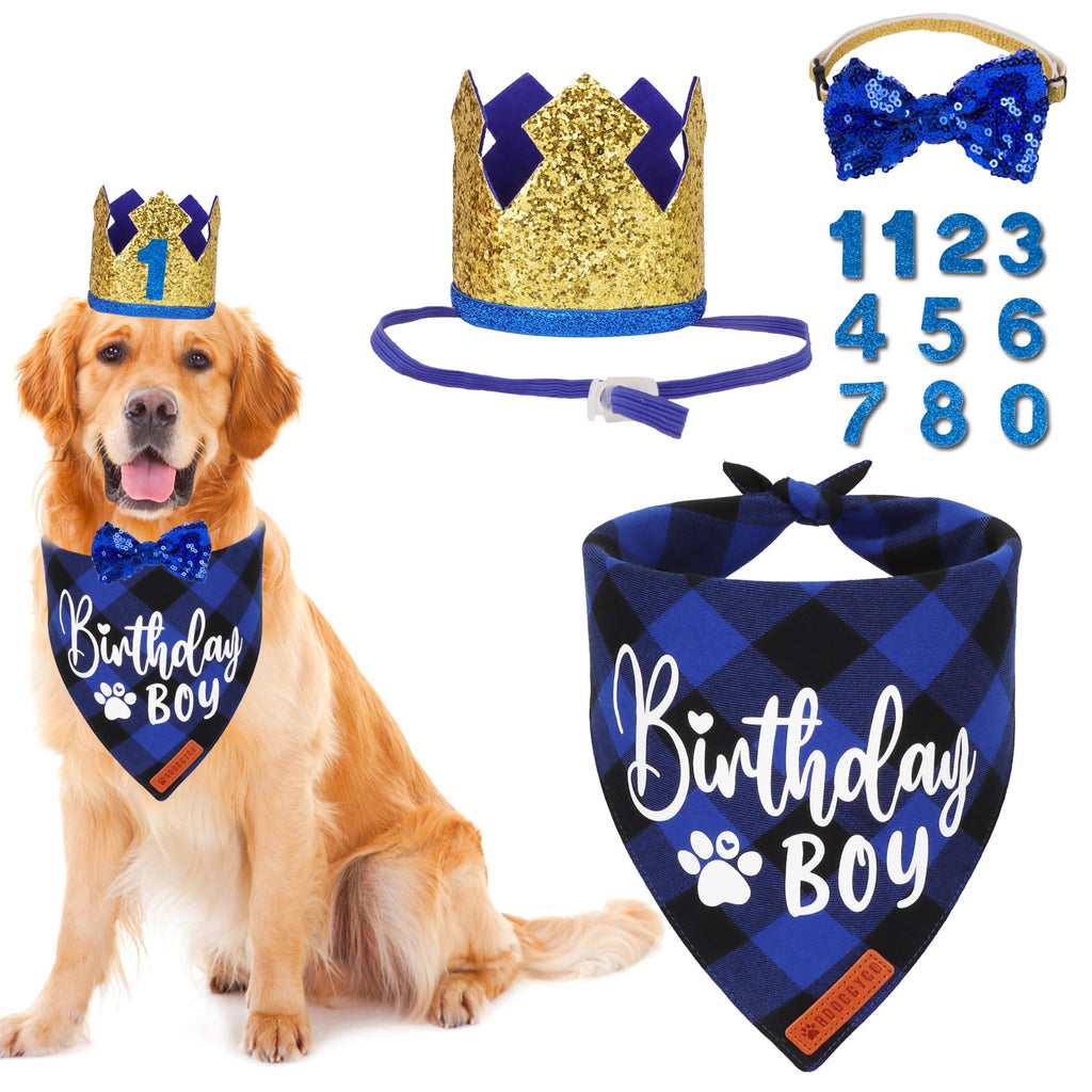 ADOGGYGO Dog Birthday Party Supplies, Blue Plaid Birthday Boy Dog Bandana, Golden Pet Party Hat with Numbers, Bowtie for Extra Large Pets (X-Large)