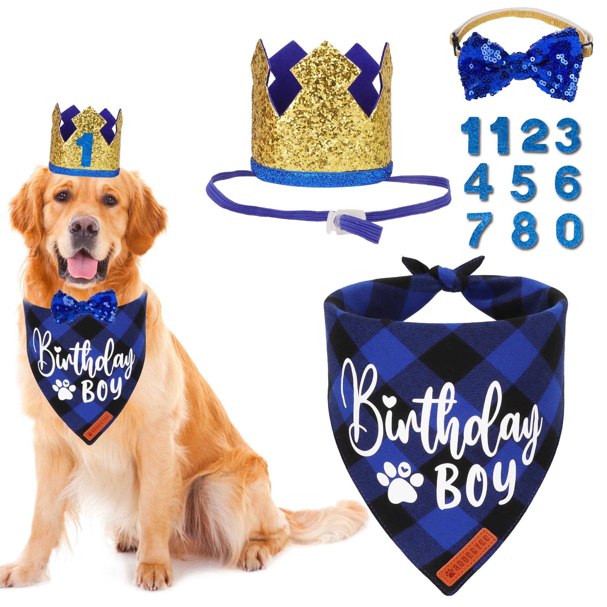 ADOGGYGO Dog Birthday Party Supplies, Blue Plaid Birthday Boy Dog Bandana, Golden Pet Party Hat with Numbers, Bowtie for Extra Large Pets (X-Large)