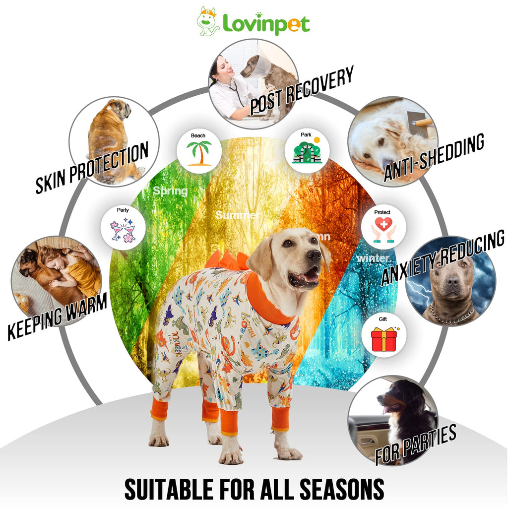 LovinPet Dog Pajamas Large Sized Dog, Recovery Wear, Lightweight Jurassic Knit, UV for Large Dogs/XL