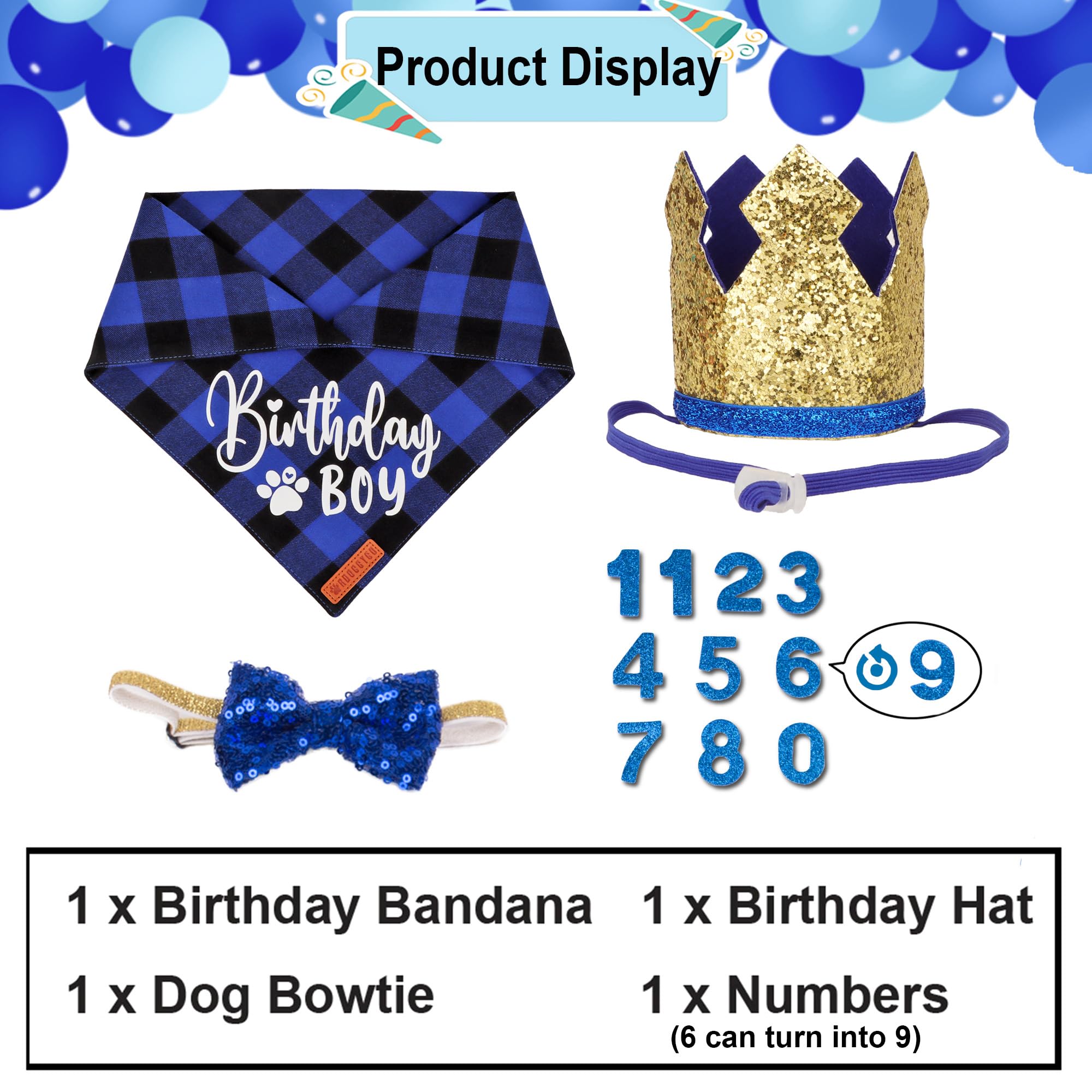 ADOGGYGO Dog Birthday Party Supplies, Blue Plaid Birthday Boy Dog Bandana, Golden Pet Party Hat with Numbers, Bowtie for Extra Large Pets (X-Large)