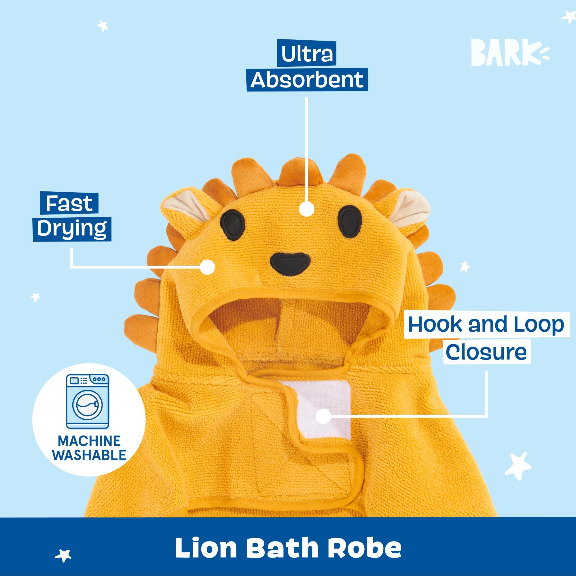 Barkbox Dog Bathrobe Fast Drying with Hook and Loop Closure & Wrap Tie Snuggle, Cute Dogs Clothes, Easy to Clean, Machine Washable, Dog Coats and Tumble Dry Low - Lion, Small