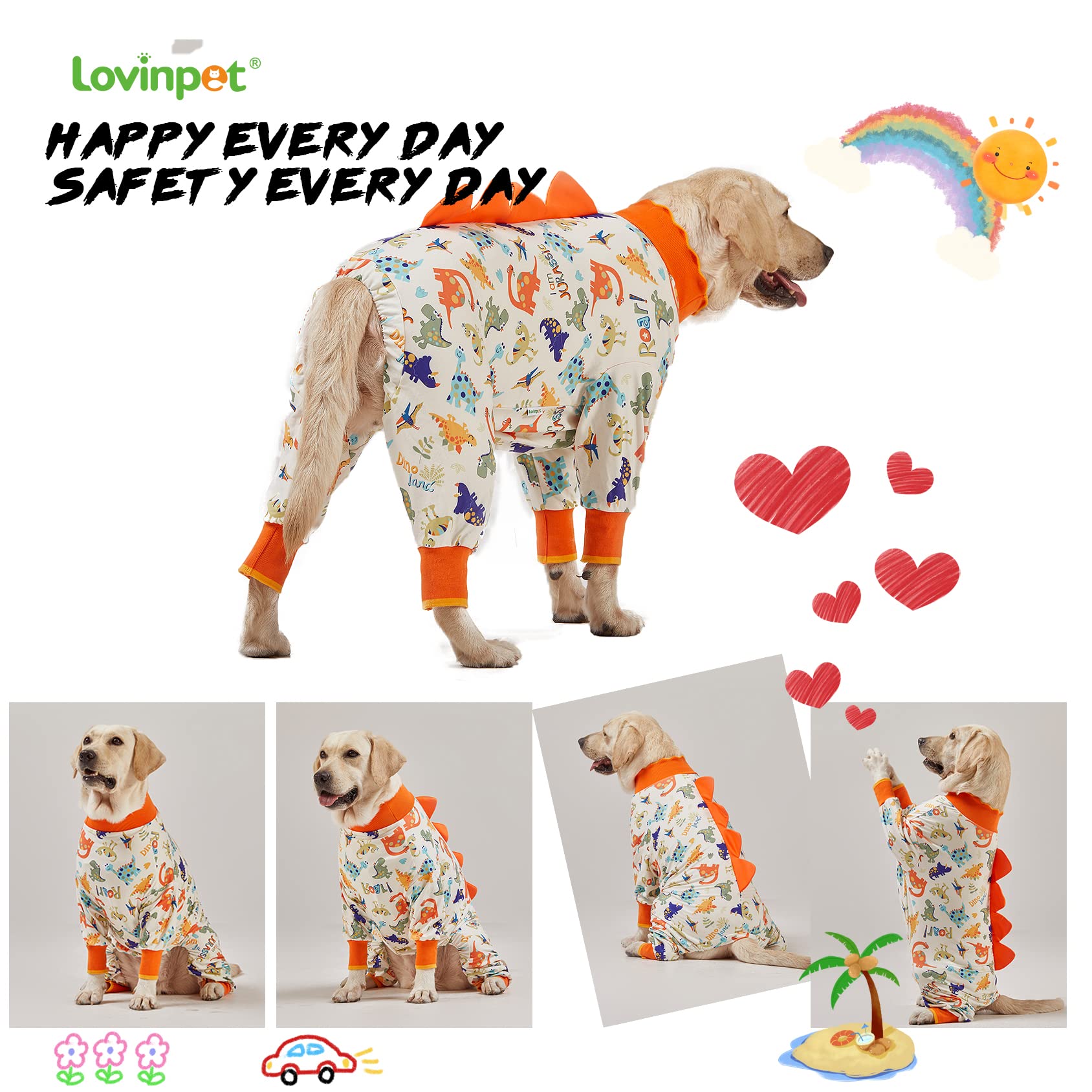 LovinPet Dog Pajamas Large Sized Dog, Recovery Wear, Lightweight Jurassic Knit, UV for Large Dogs/XL