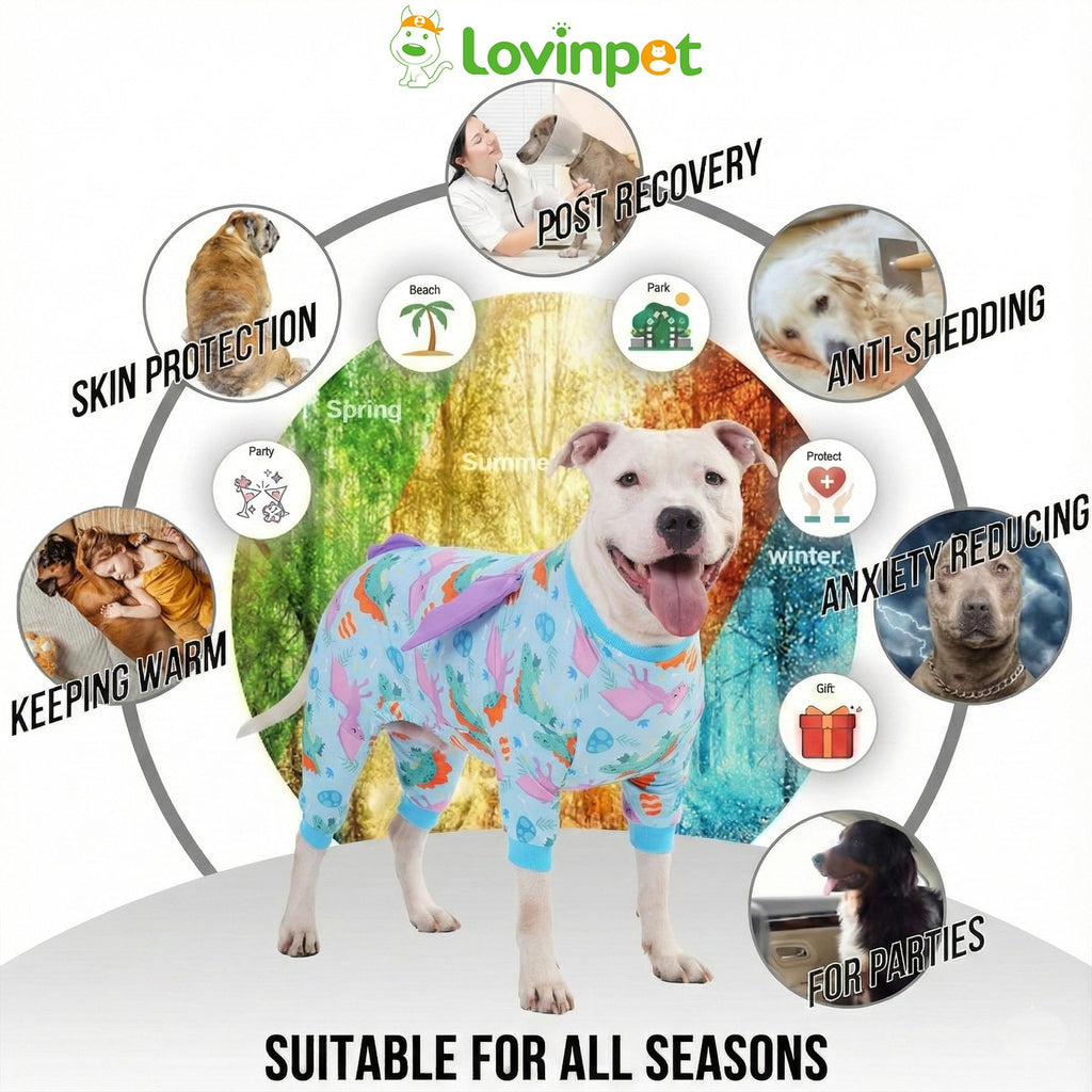 LovinPet Large Dog Pajamas, Four-Leg Stretch Onesie Bodysuit, Lightweight UV-Shielding Pajamas, Anti-Lick Calming Recovery Suit for Surgery, 3D Dino Wing Design with Soft Spikes， Blue Purple， M