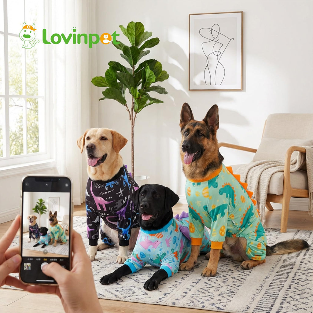 LovinPet Large Dog Pajamas, Four-Leg Stretch Onesie Bodysuit, Lightweight UV-Shielding Pajamas, Anti-Lick Calming Recovery Suit for Surgery, Pull-On for Medium and Large Breeds， Black， XL